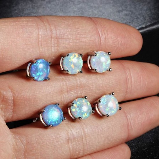 3 Pair Stud Earrings Set For Womens Teens Opal Birthstone Earrings For Sensitive Ears Round Gemstone Ear Stud Gift 4mm 6mm 8mm